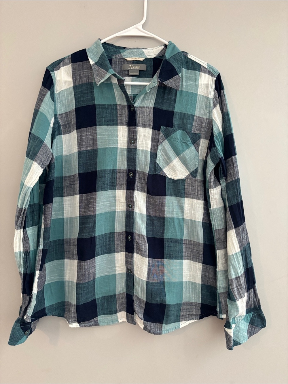 Natural Reflections Teal Navy White Plaid Button-Down Shirt